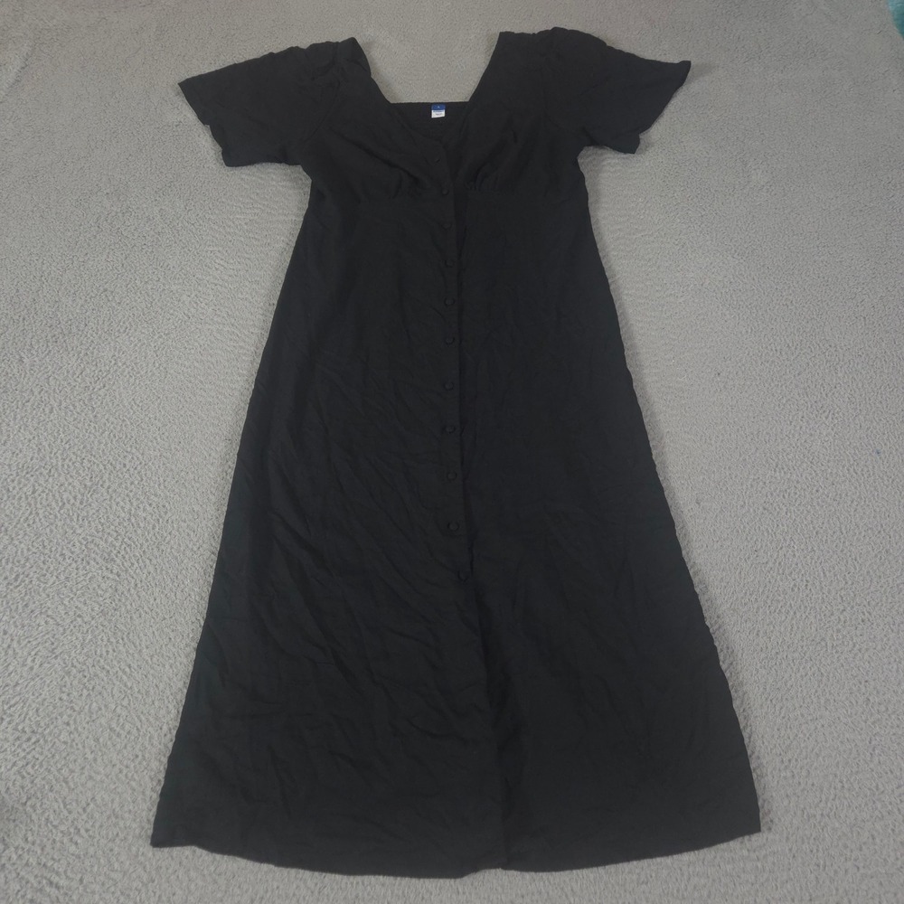 Old Navy Dress Womens L Black Button-Down Crepe Midi Short Sleeve V-Neck Smocked